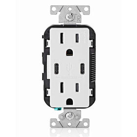 Leviton T5635-W front view shows compact in-wall USB-C PD charger.