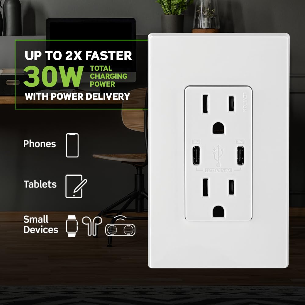 Leviton T5635-W compact in-wall charger blends with room aesthetics.