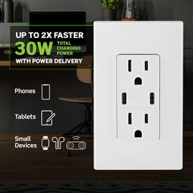 Leviton T5635-W compact in-wall charger blends with room aesthetics.