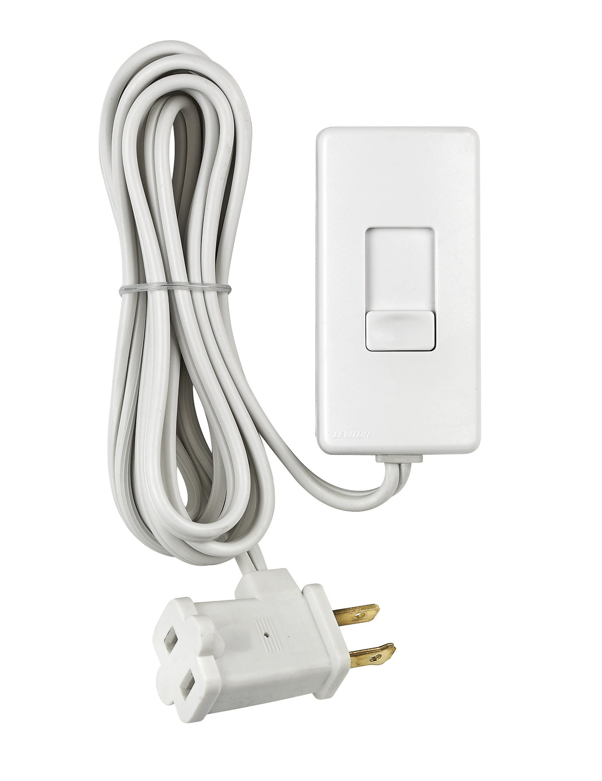 Leviton table top dimmer attached to lamp outlet for customizable brightness.