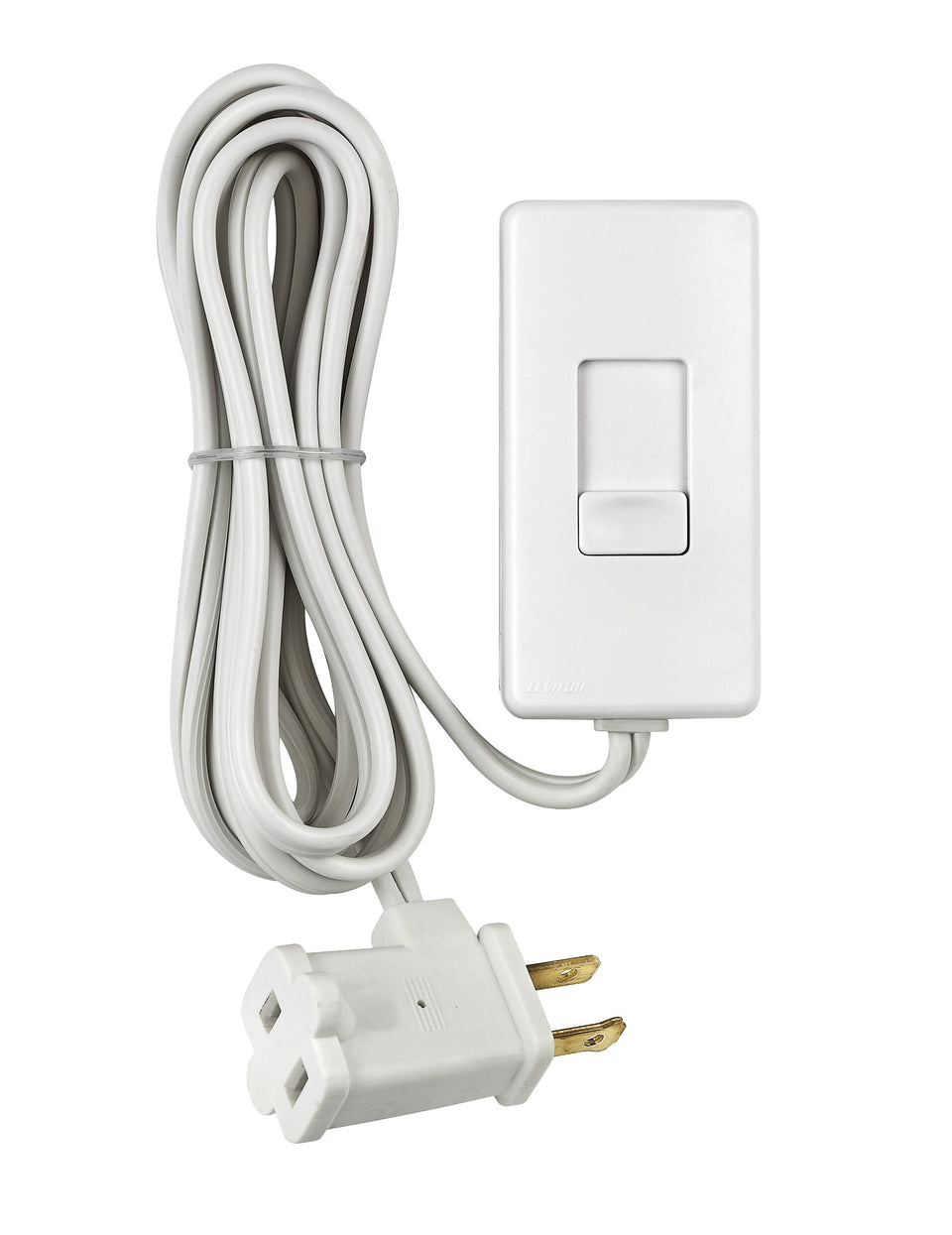 Leviton table top dimmer attached to lamp outlet for customizable brightness.