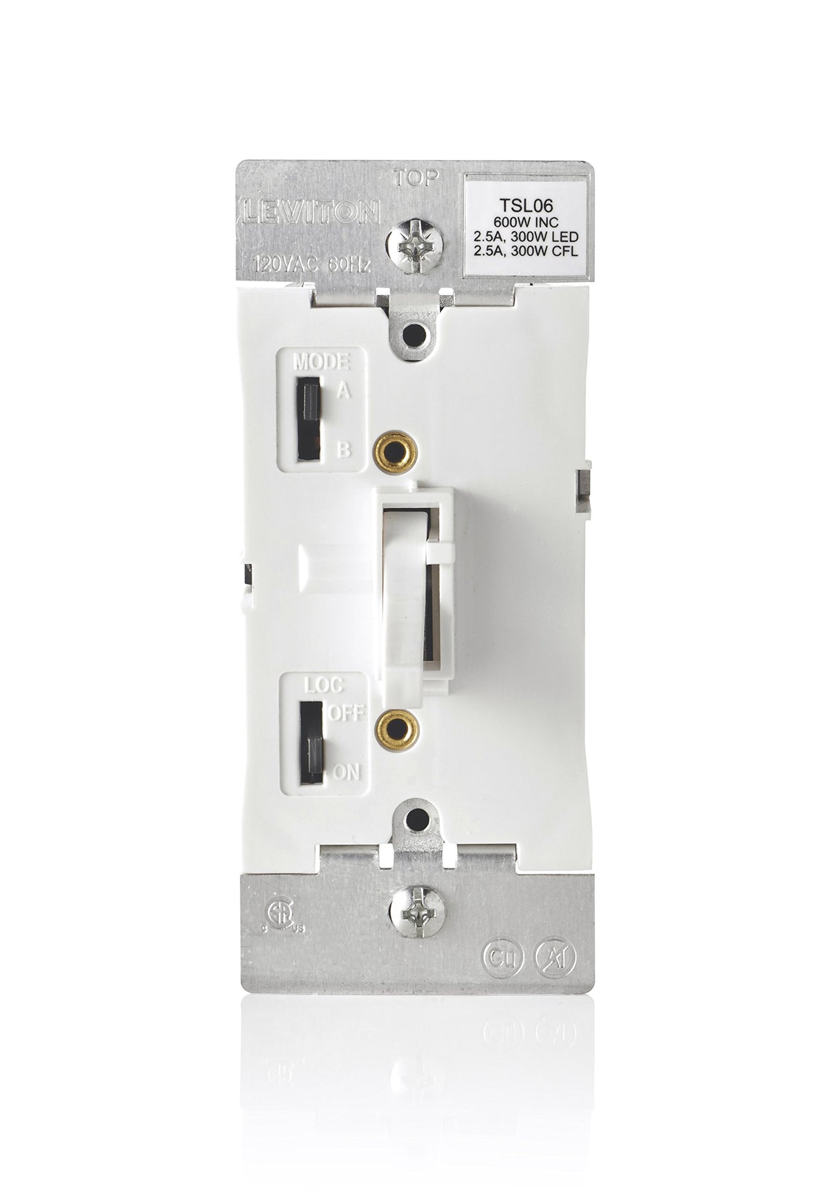 Leviton toggle slide dimmer front view with white faceplate for smooth LED dimming.