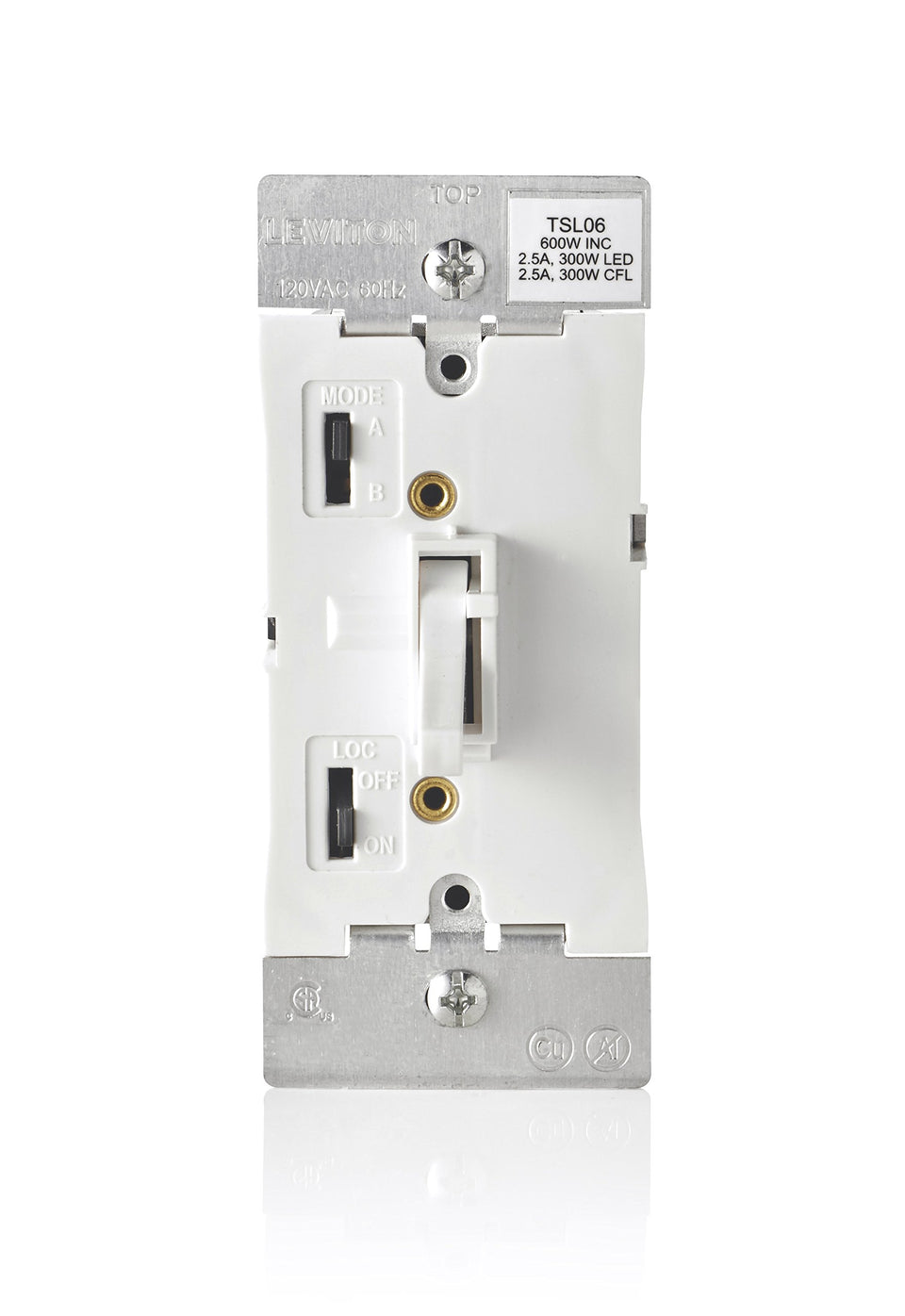Leviton toggle slide dimmer front view with white faceplate for smooth LED dimming.