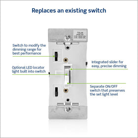 Leviton toggle slide dimmer in a 3-way setup for two entrances.