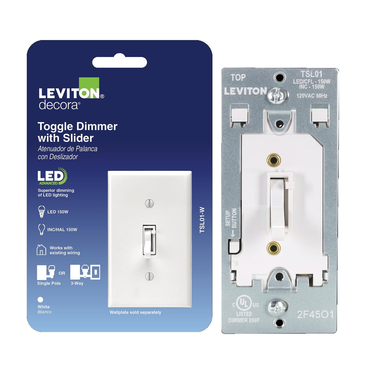 Leviton Toggle Slide dimmer face enables smooth brightness control.