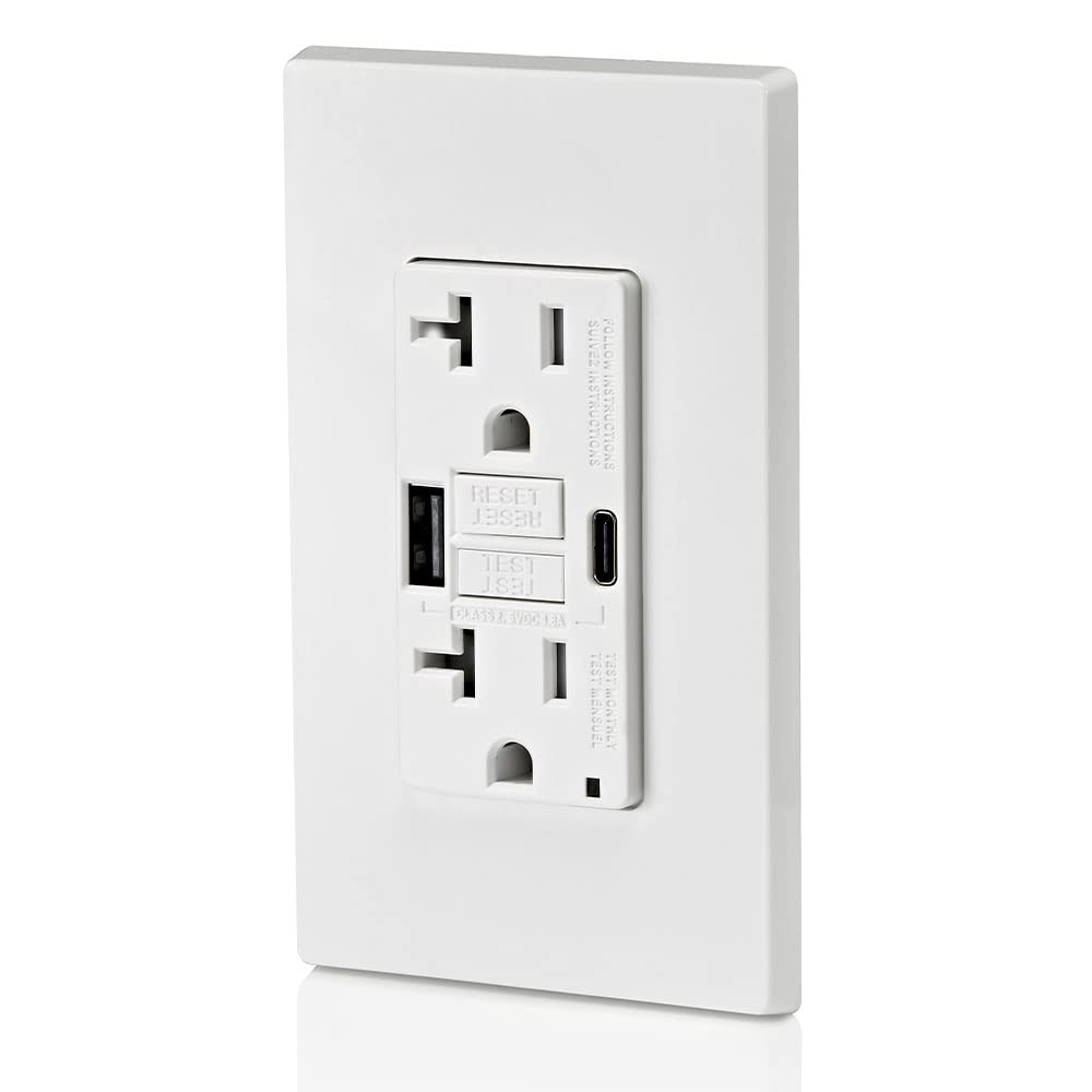 Leviton GFCI outlet with two USB ports Type A and Type C for quick charging.