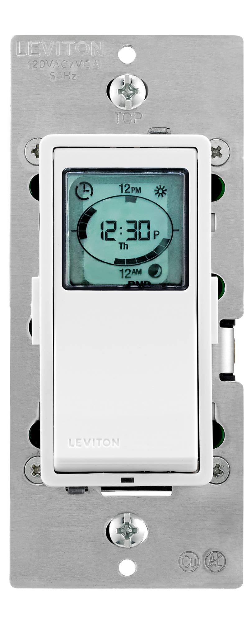 Leviton VPT24-1PZ timer switch front view showing programmable scheduling for lights