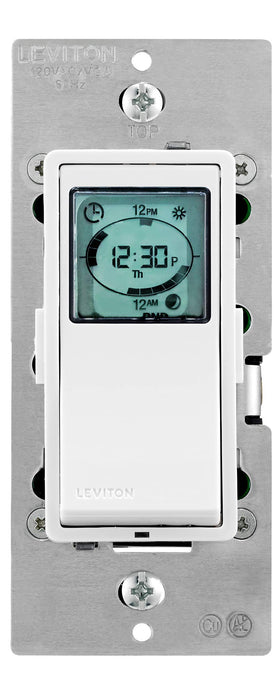 Leviton VPT24-1PZ timer switch front view showing programmable scheduling for lights
