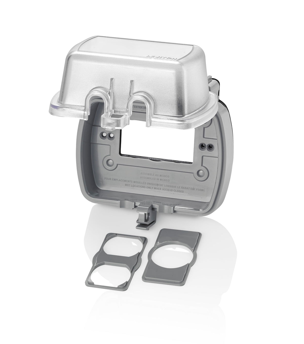 Leviton weatherproof outlet box 5980-UCL shown with rugged enclosure for outdoor reliability.