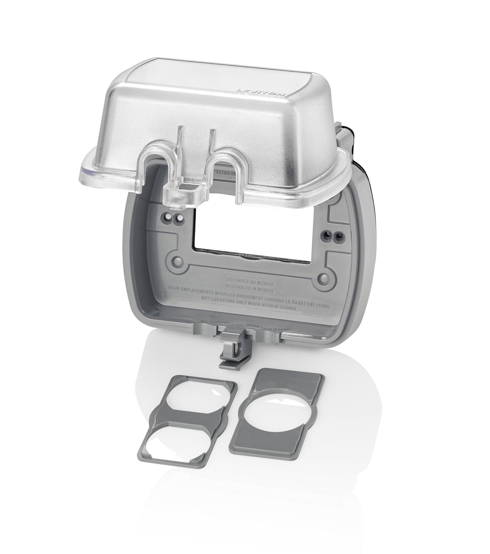 Leviton weatherproof outlet box 5980-UCL shown with rugged enclosure for outdoor reliability.