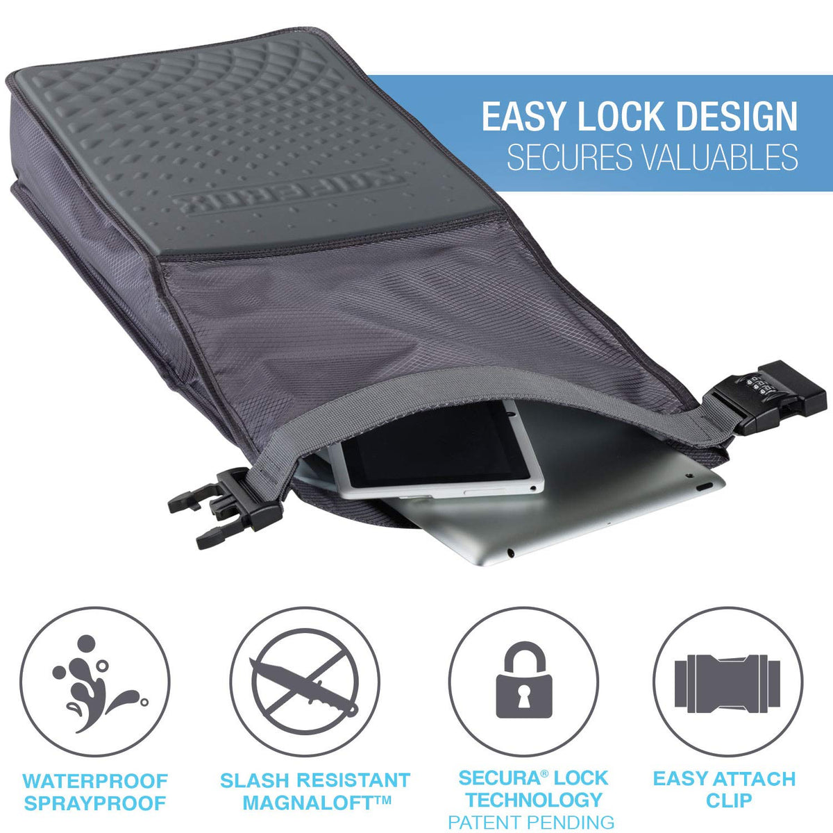 Lewis N. Clark Safebox with slash-resistant Magnaloft fabric deters tampering.