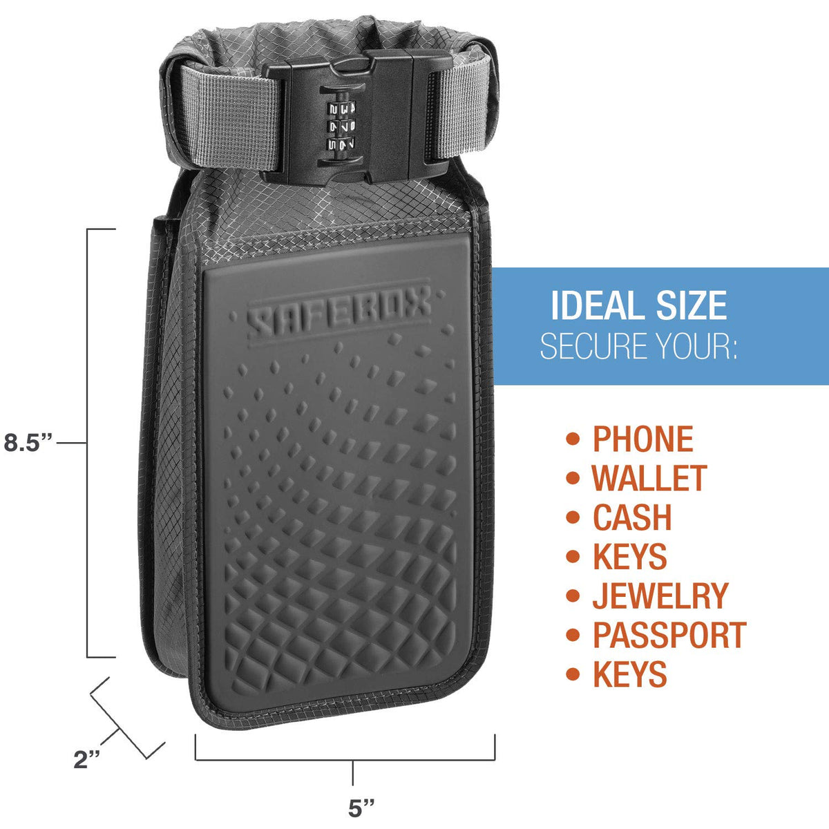 Lewis N. Clark Safebox roll-top closure protects contents from sand and dust.
