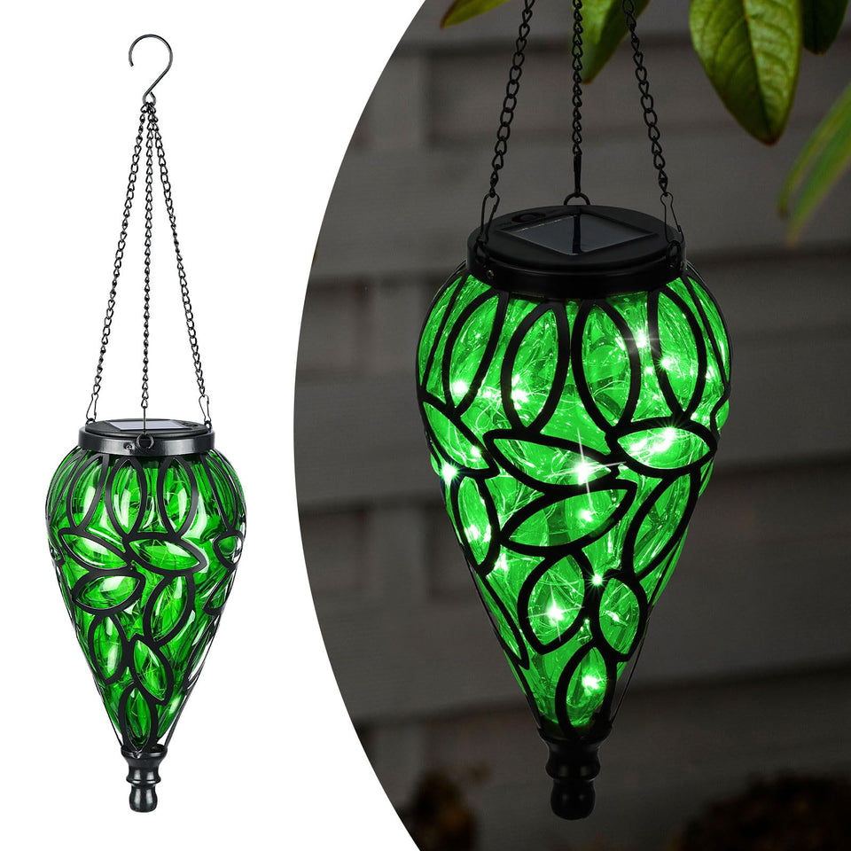 LEWIS&WAYNE solar tear-shaped lantern with 15 LEDs lights outdoor spaces at dusk.