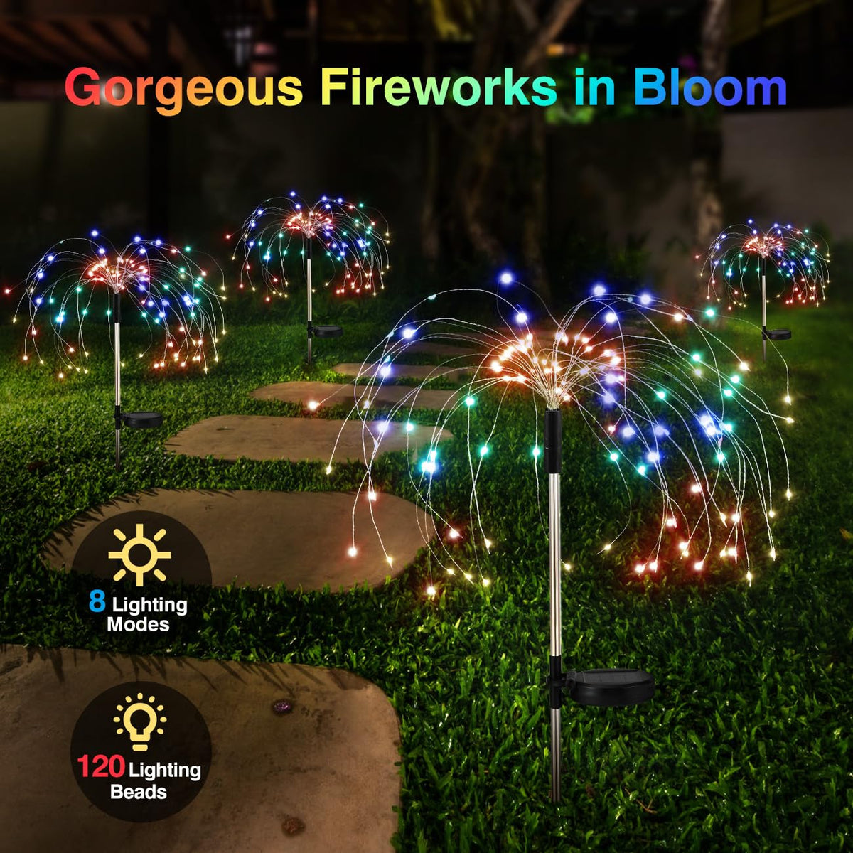 Lewondr Firework Solar Garden Light demonstrates eight modes for outdoor ambiance