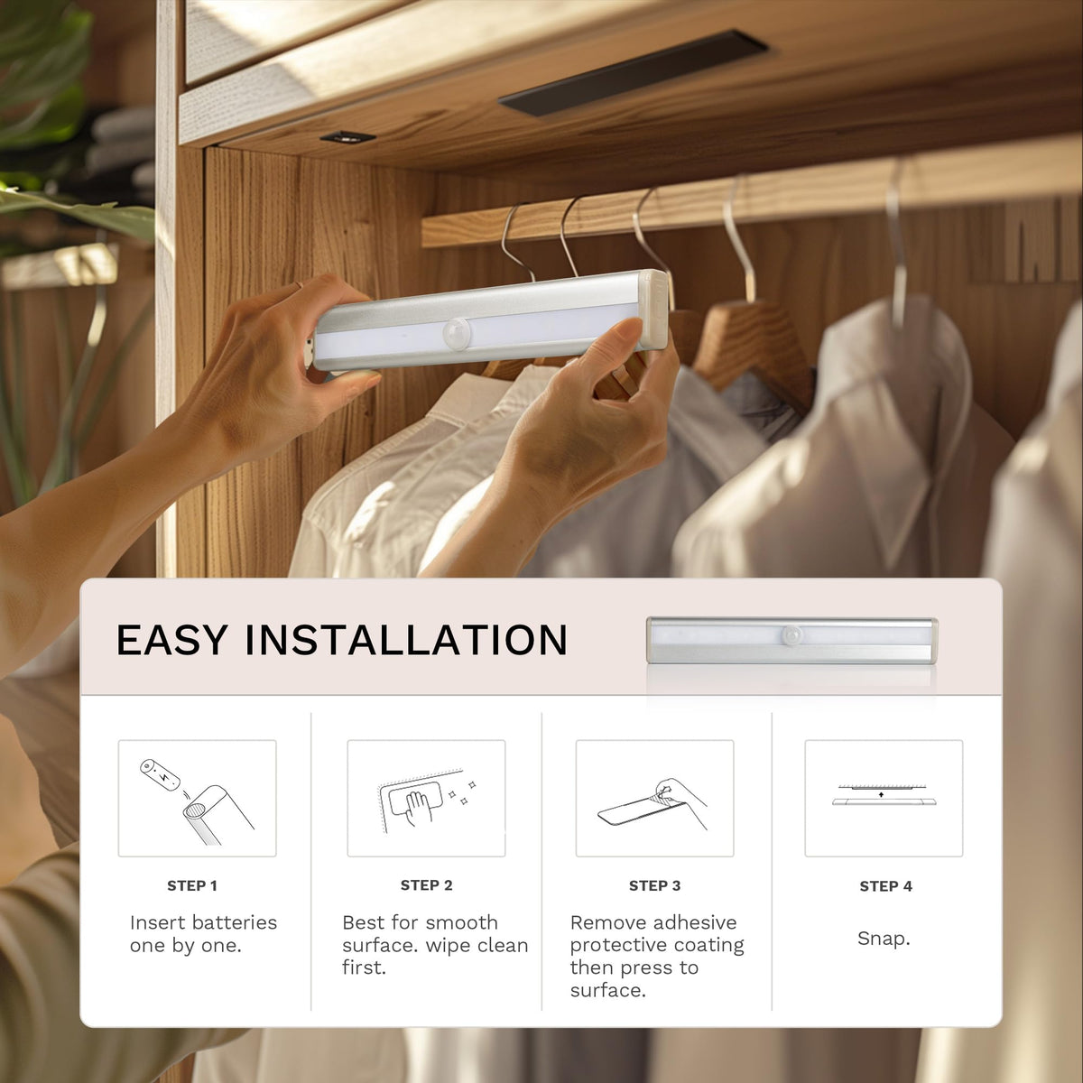 Lexall easy-install no-tools setup for quick closet lighting.