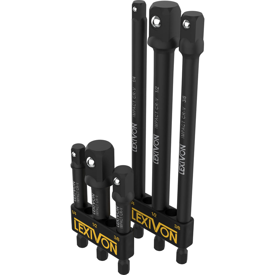 LEXIVON 6-piece socket adapters organized in a durable holder for quick access on job sites.