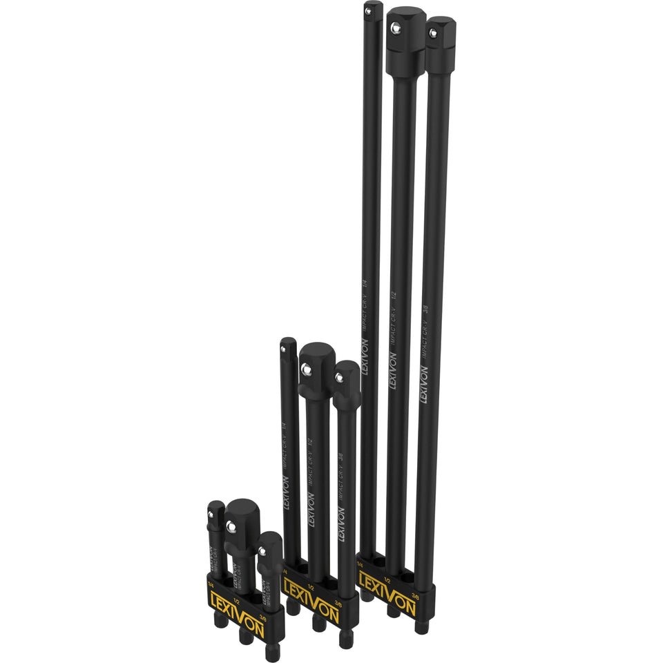 LEXIVON 9-piece impact socket adapters organized in a holder for quick access.