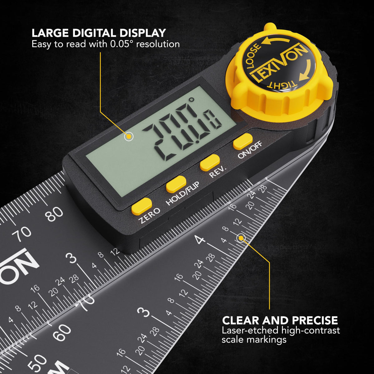 LEXIVON digital protractor showing a 5-inch aluminum rule for precise measurements.