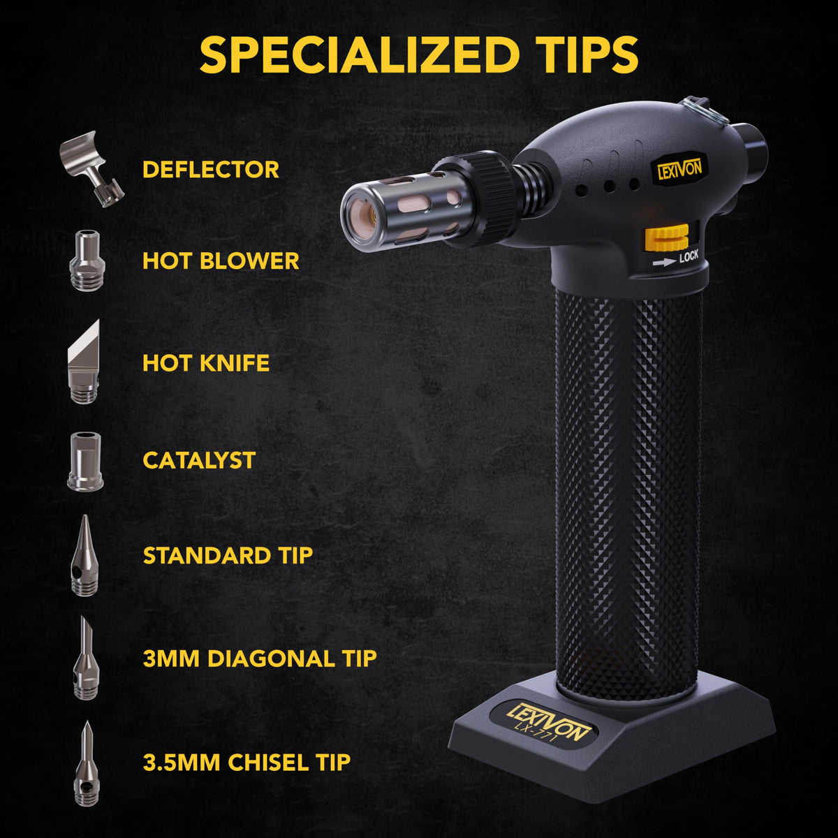 LEXIVON butane torch with base stand enables hands-free operation