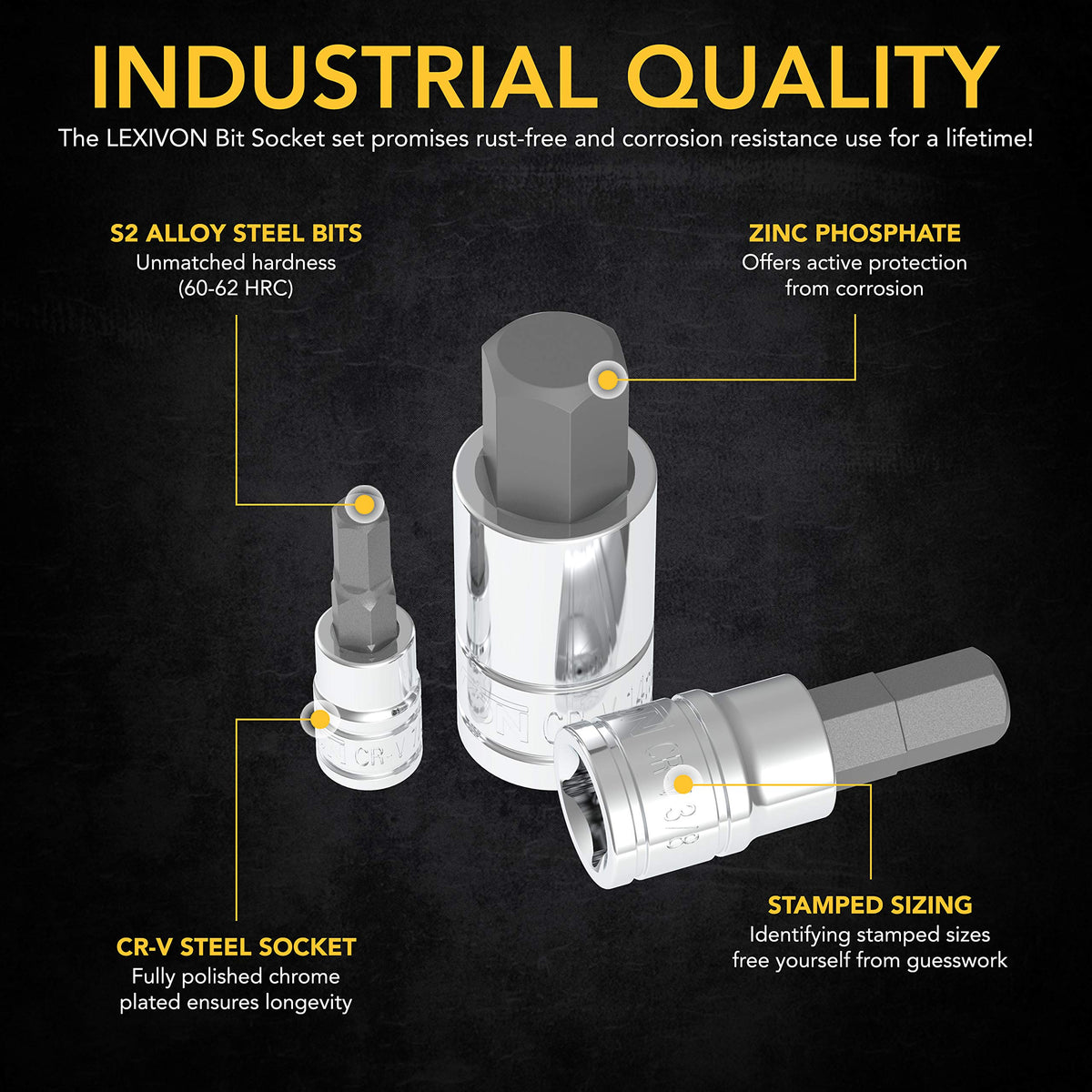 LEXIVON chrome-vanadium sockets resist wear under tough use.