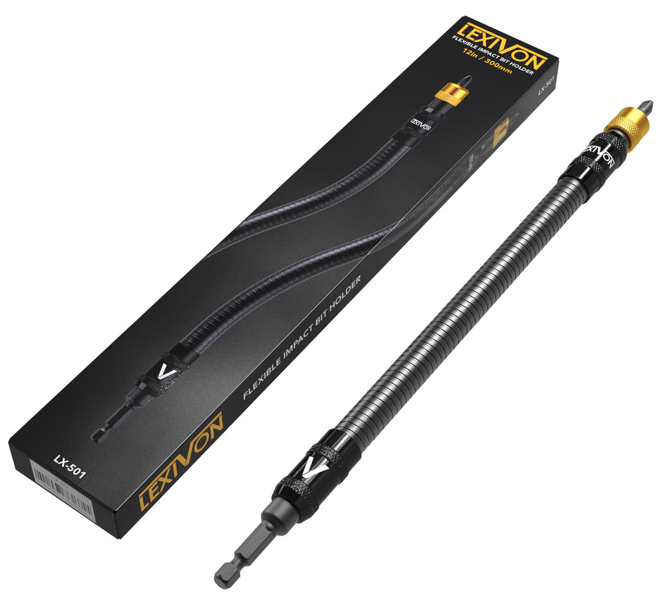LEXIVON drill-bit holder with a 12in extension showing angled reach for tight spaces
