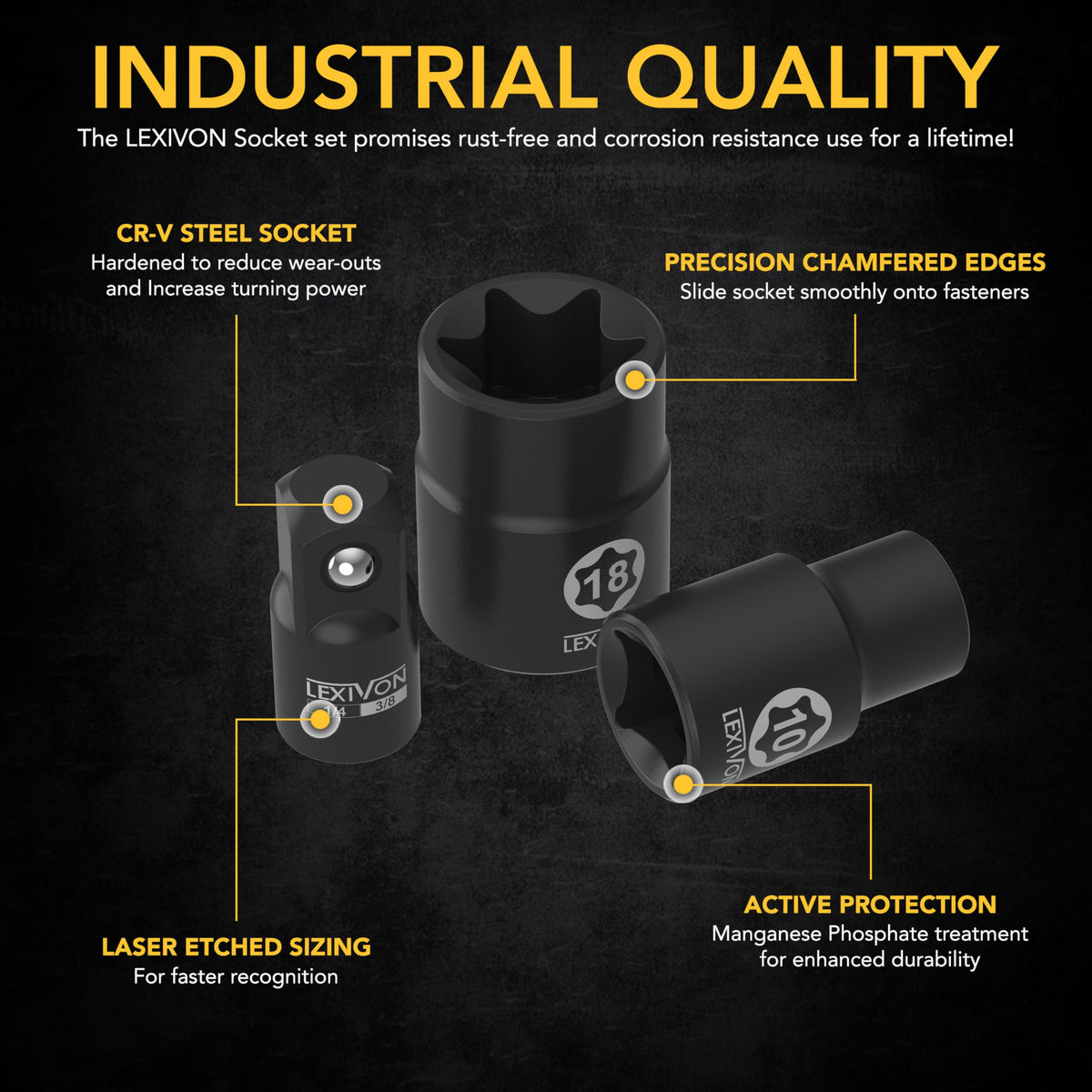 LEXIVON E-TORX adapters 3-8 to 1-4—easy drive changes for versatility.