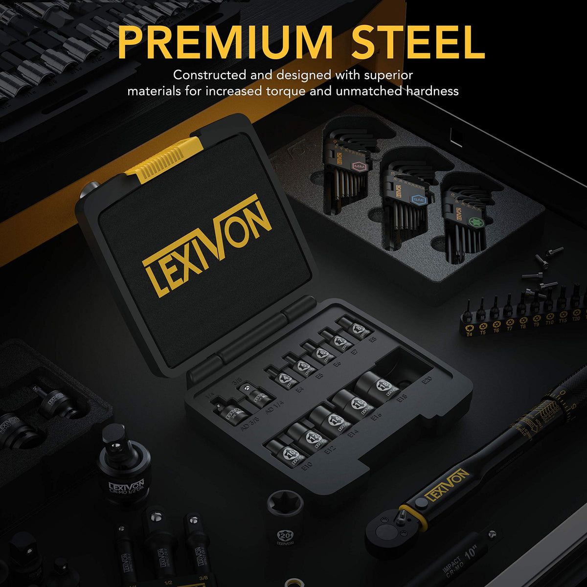 LEXIVON E-TORX sockets E4-E8 sizes—precise fit for small fasteners.