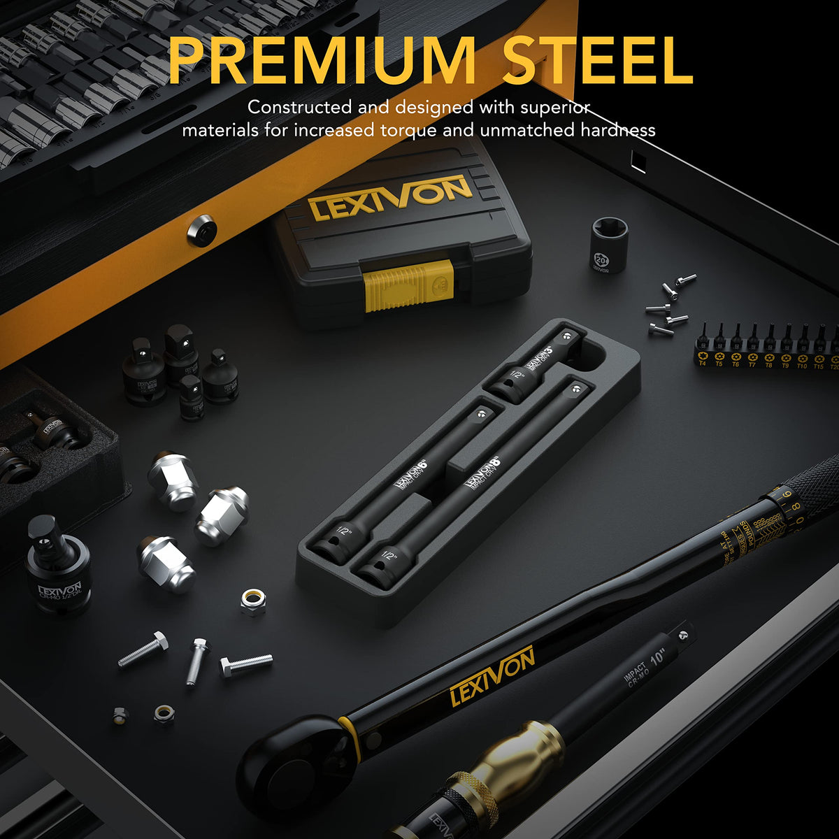 LEXIVON 1/2-inch extension bar 8in in tray for end-to-end reach