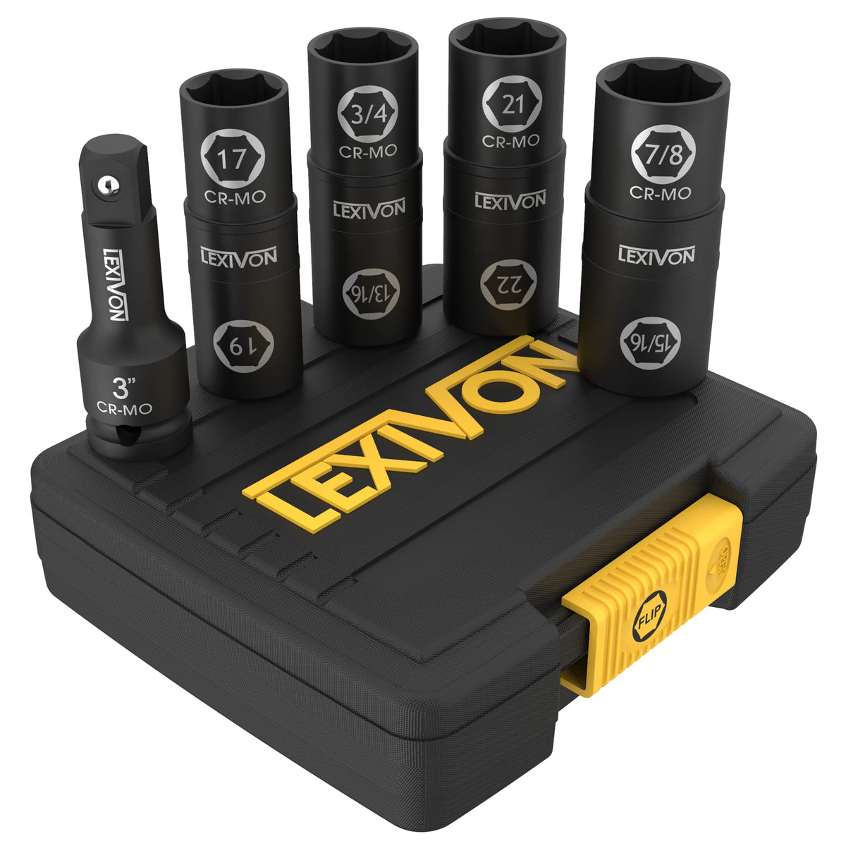 LEXIVON lug nut impact socket set side action highlighting dual-ended design for faster size changes