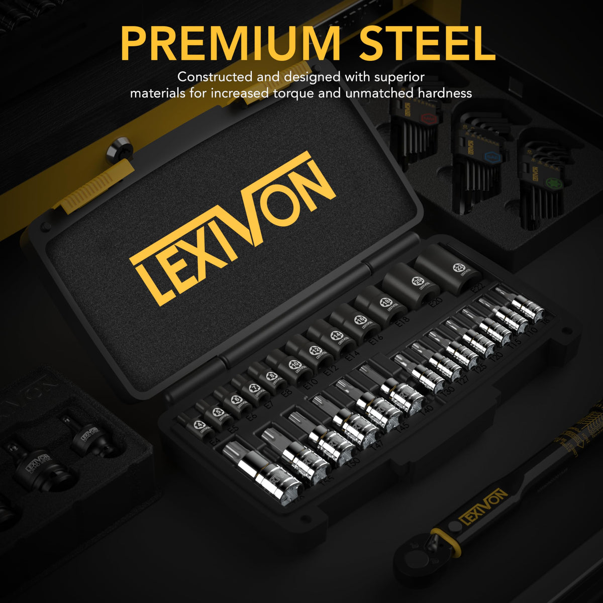 LEXIVON E-Torx sockets and Cr-V steel designed for high torque and durability.