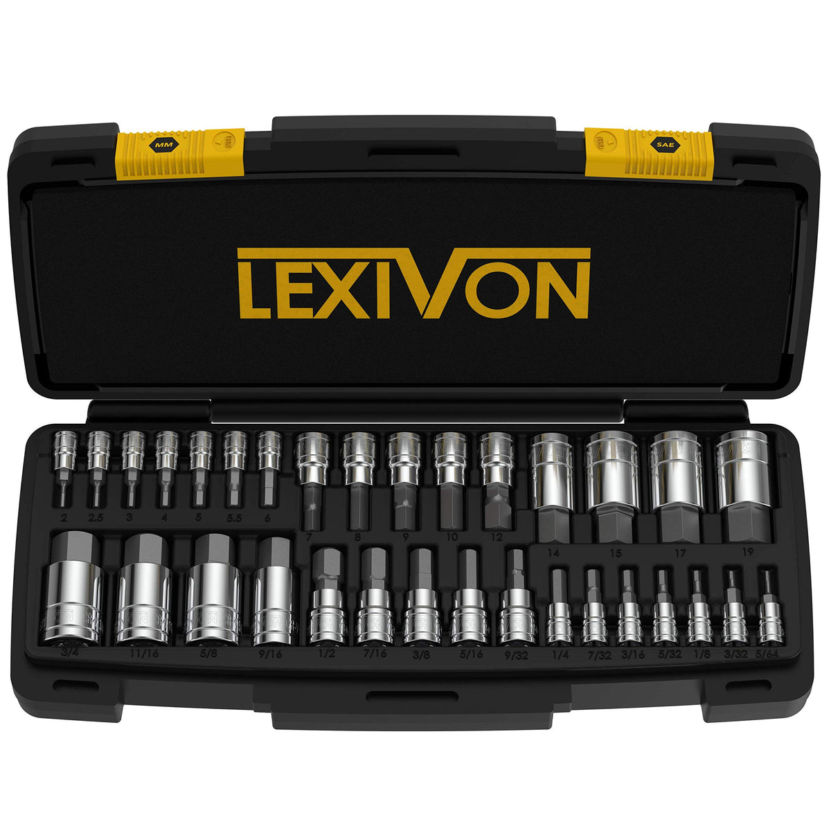 LEXIVON Master hex bit socket set in a sturdy 32-piece case for easy storage.