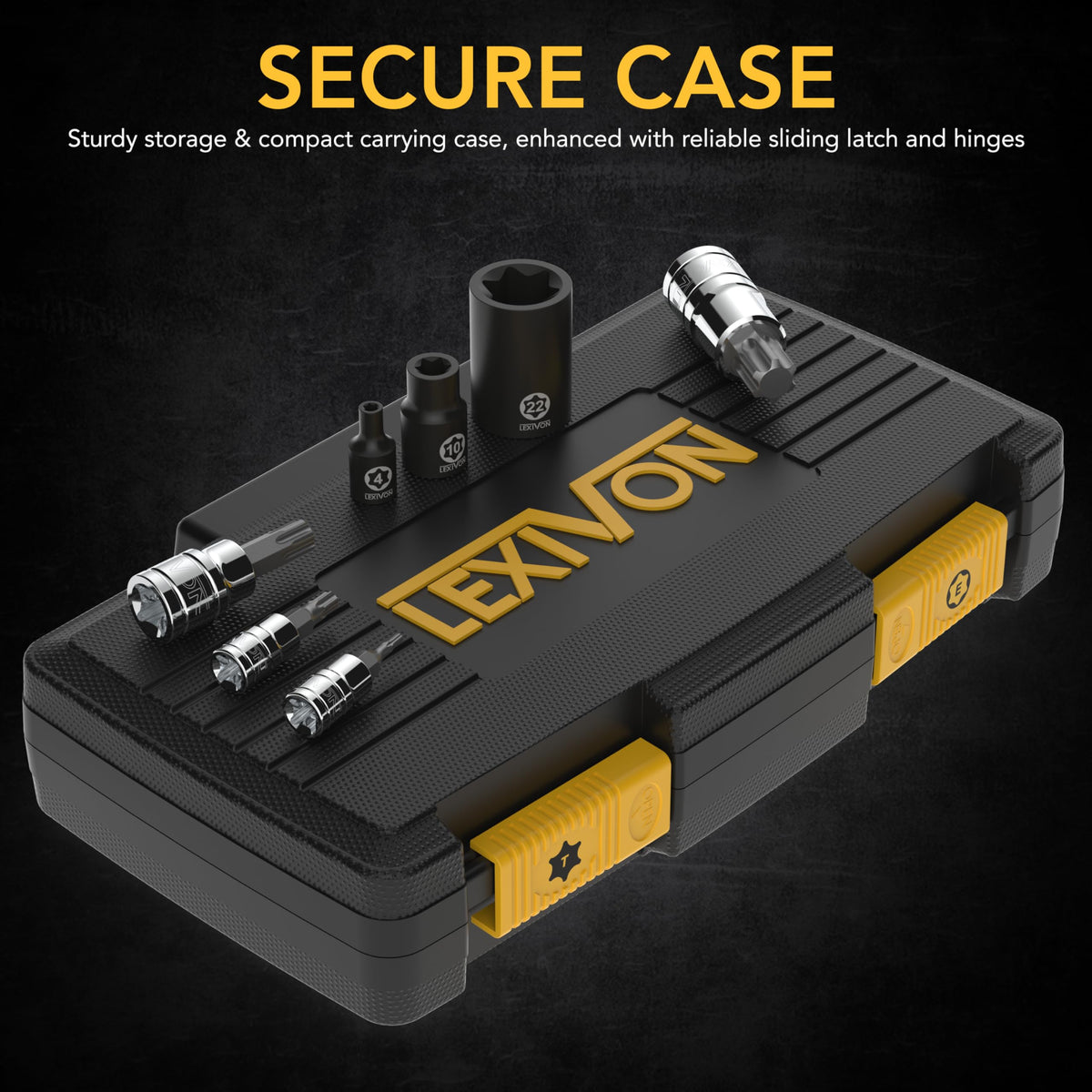 LEXIVON Torx bits T8 through T60 offer precise engagement for varied fasteners.