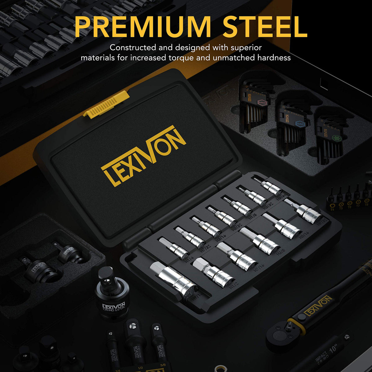 LEXIVON SAE hex bits drop-forged closeup demonstrates rugged durability for repeated tasks