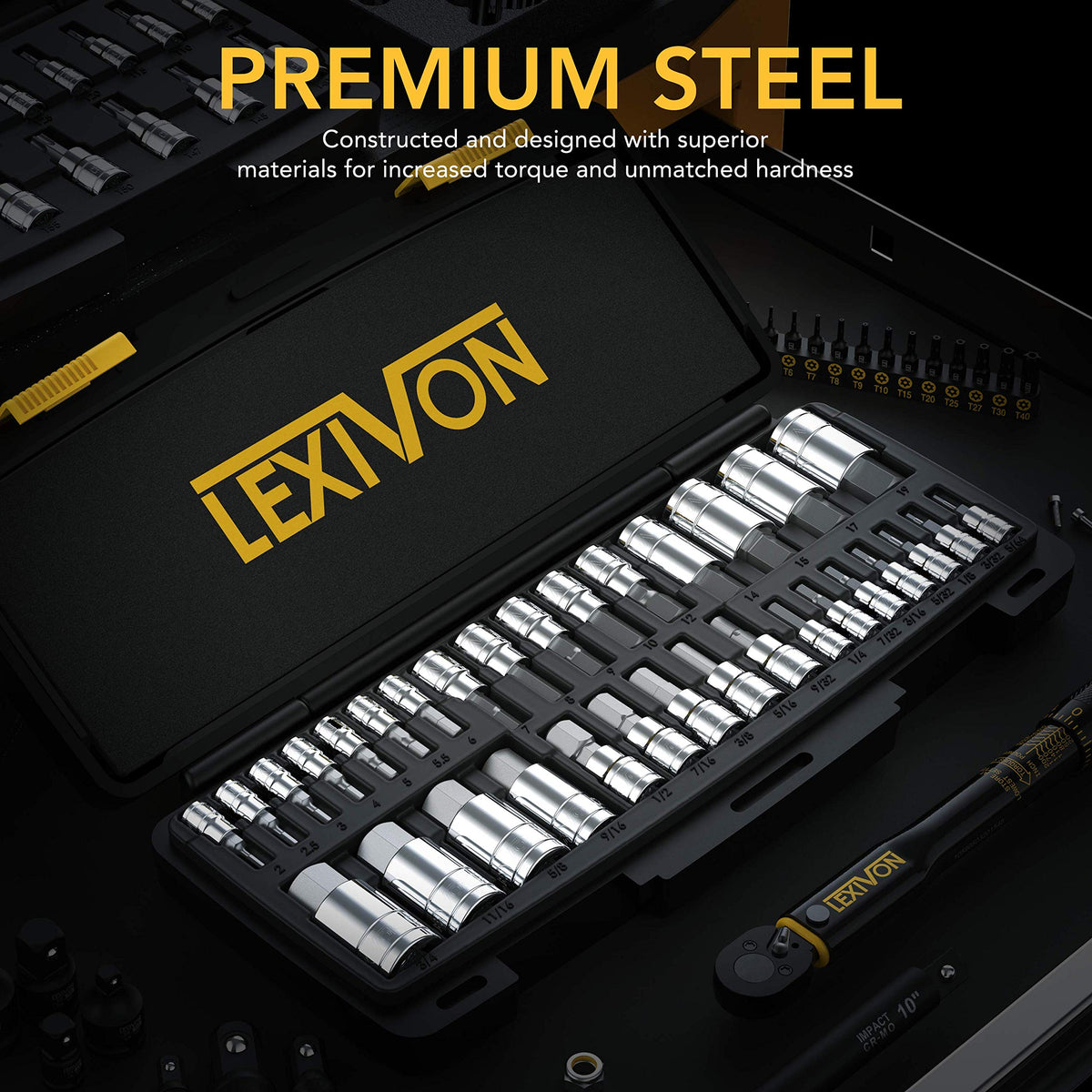 LEXIVON SAE and Metric hex sockets enable versatile repairs.