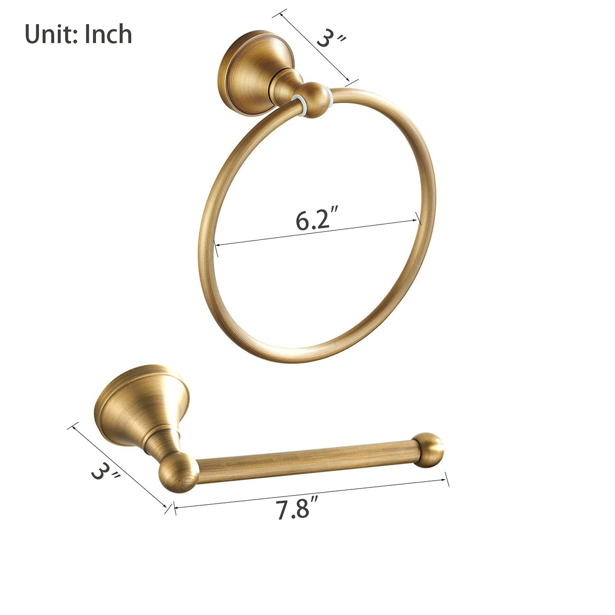 Leyden antique brass bathroom hardware set shown together in vintage-inspired space