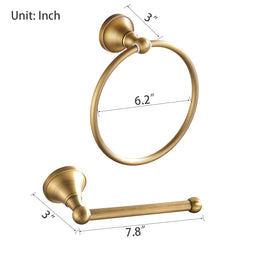 Leyden antique brass bathroom hardware set shown together in vintage-inspired space