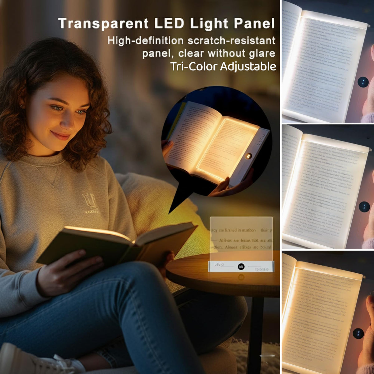 Leylix LED Flat Book Light with ambient white mode for bright daytime reading.