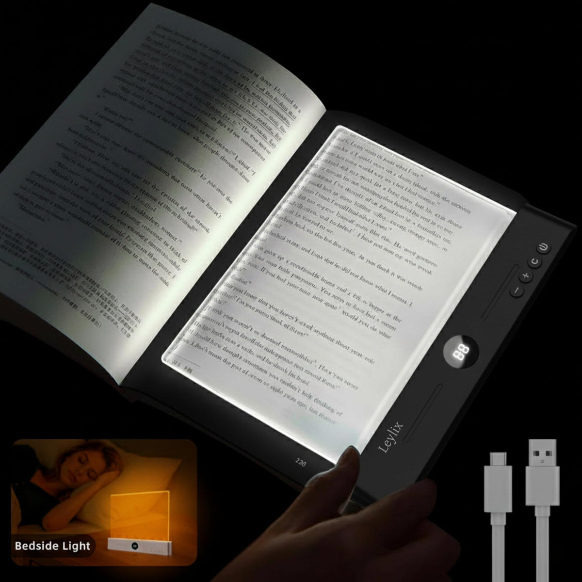 Leylix LED flat book light in night mode for cozy low-light reading