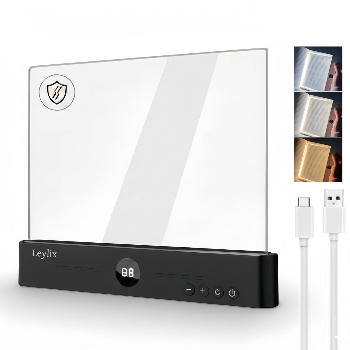 Leylix LED flat book light resting on a page for focused night reading