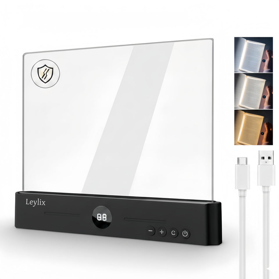 Leylix LED flat book light resting on a page for focused night reading