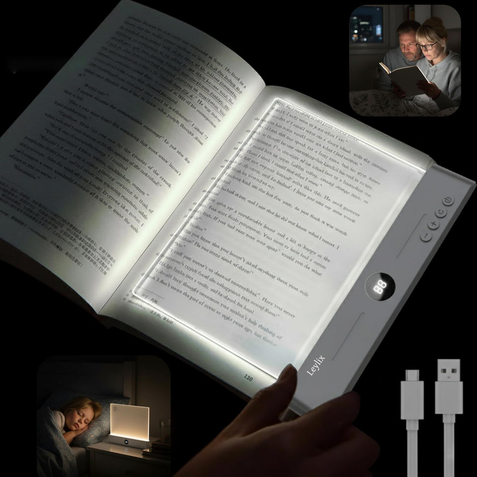 Leylix LED flat book light on page for clear in-bed reading