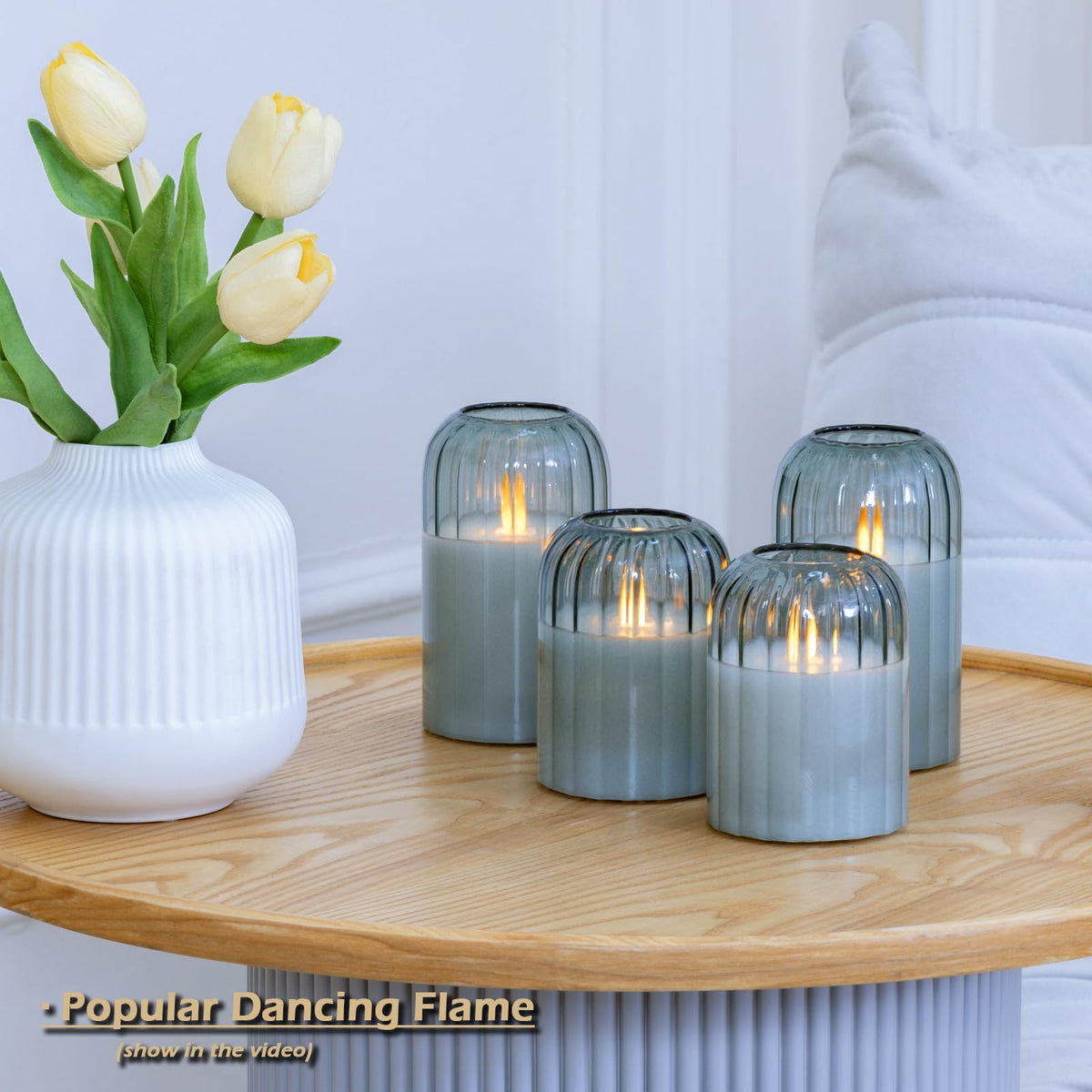 Close-up of Lezonic candles displaying a warm flicker without open flame