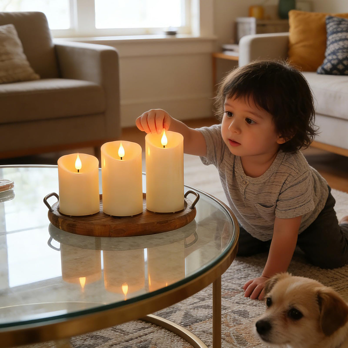 Lezonic pack of three flameless candles on display