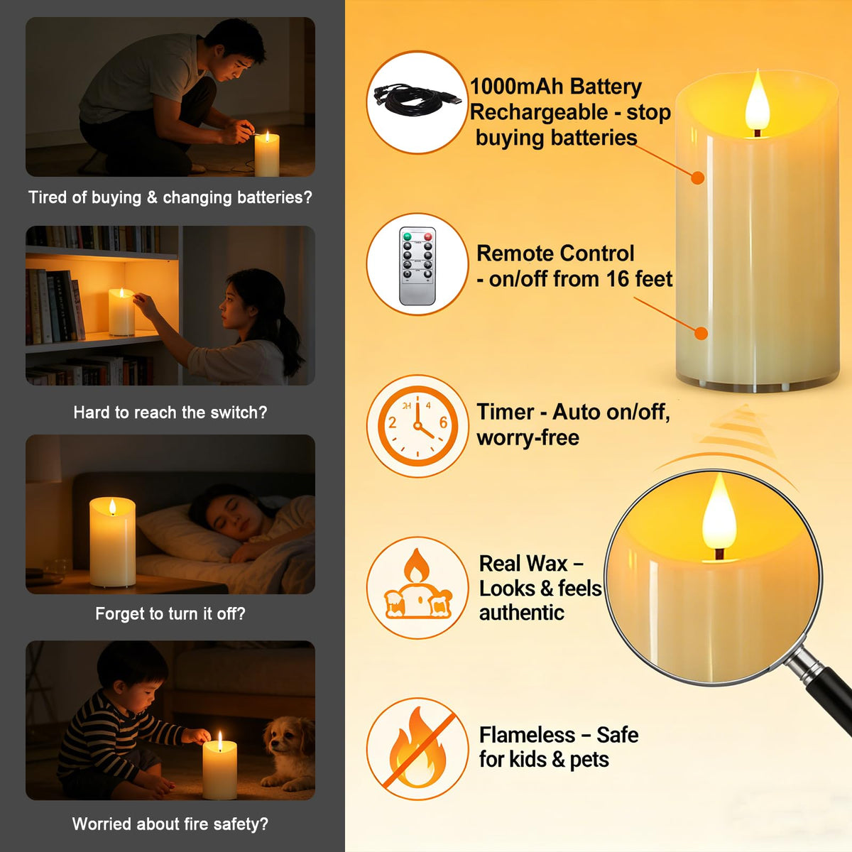 Lezonic rechargeable flameless candle 3in-6in centered centerpiece glow