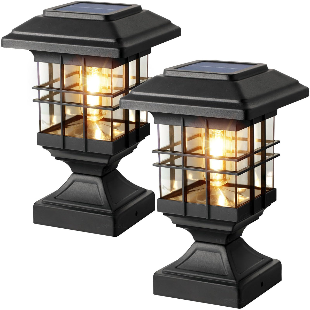 Lffital lantern-style solar post light on a 4x4 post for warm ambience.