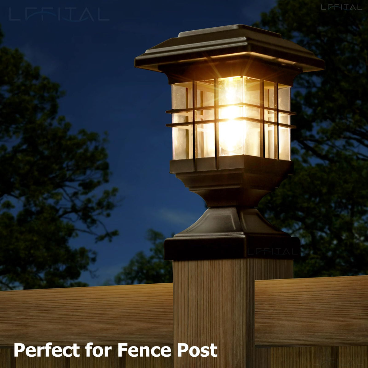 Lffital solar post light on a 5x5 post for dusk-to-dawn guidance.