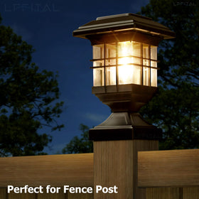 Lffital solar post light on a 5x5 post for dusk-to-dawn guidance.