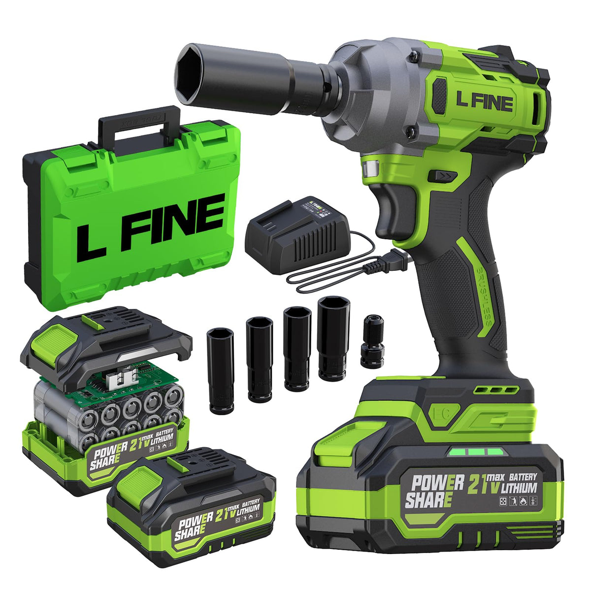 L FINE cordless impact wrench with high torque for quick tightening and removal.