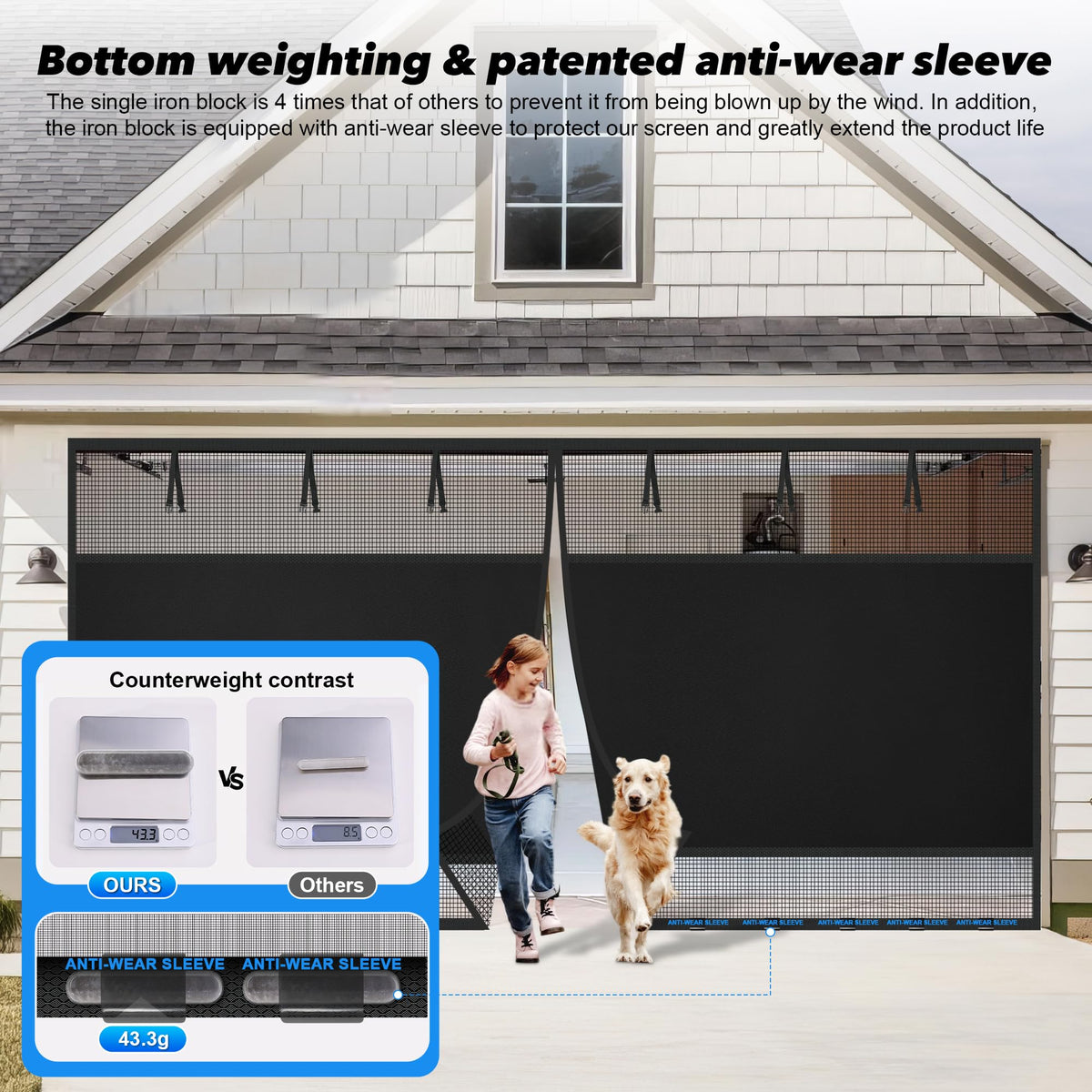 LIAMST Privacy Garage Screen bottom-sleeve reinforcement reduces wear at ground contact.