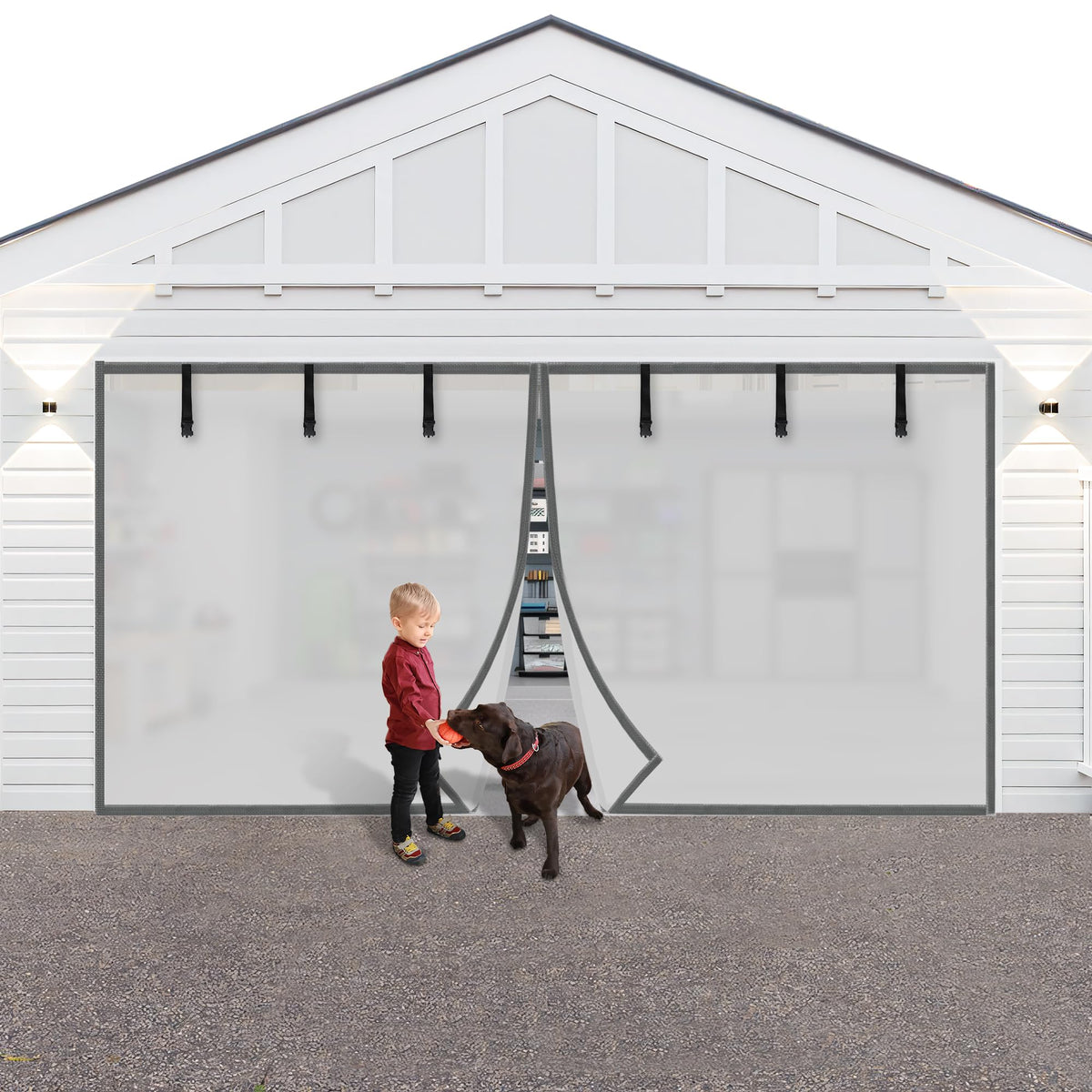 LIAMST privacy garage screen mesh for garage shows inside view clearly and outside is blurred